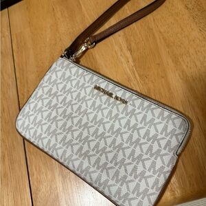 Michael Kors Monogram Cream and Tan Wristlet